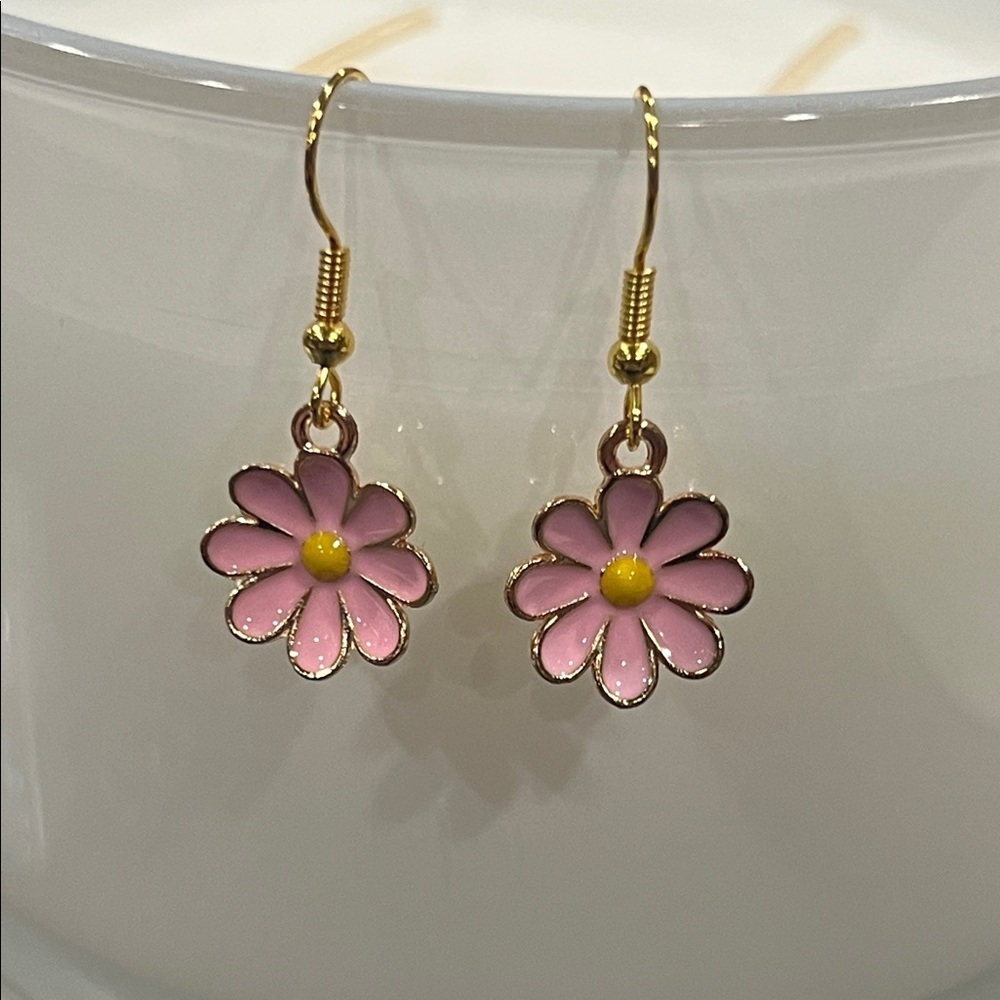 Gold and Pink Daisy Earrings